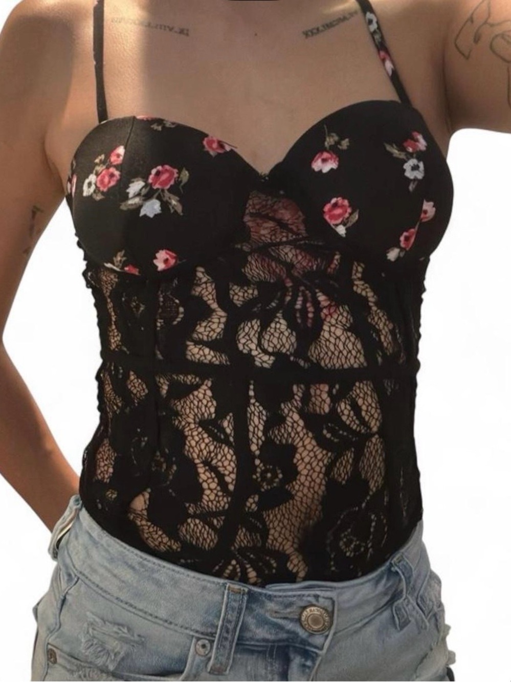 Willow Black Lace Floral Bustier Bodysuit with Pink Rose Print